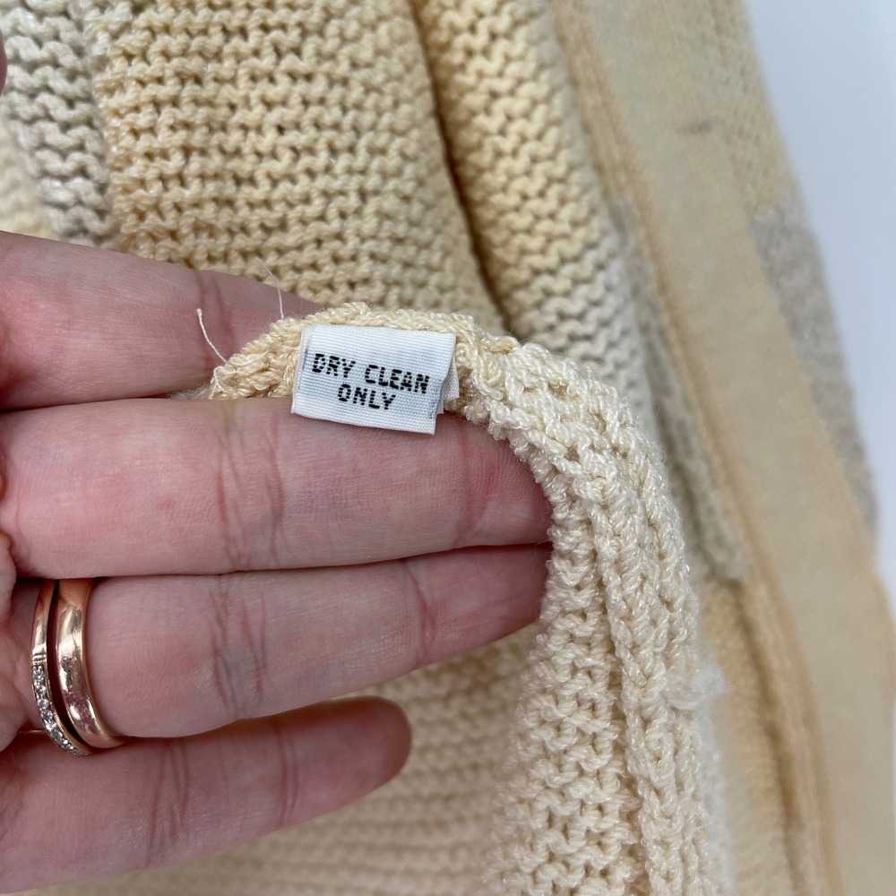 Vintage ST JOHN Striped Cardigan Marie Gray Knit Open Front Beige Sweater Size L - Picture 5 of 6